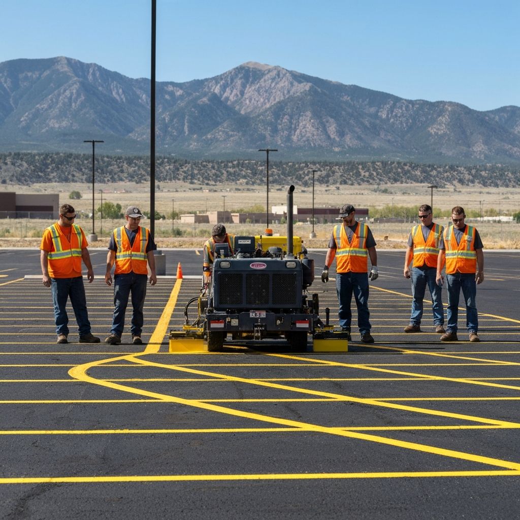 Colorado Striping Company crew operating a line-striping machine on a freshly paved commercial parking lot